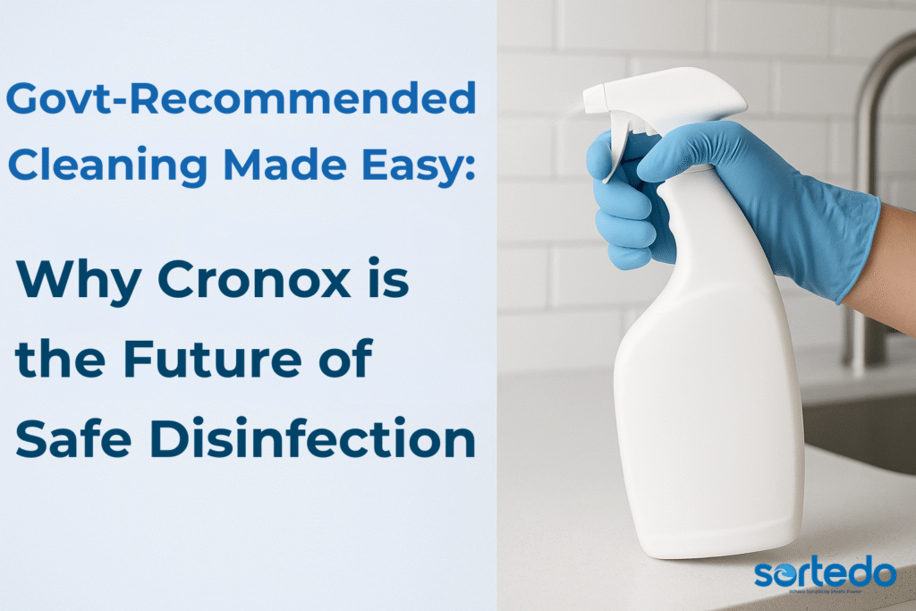 Gloved hand spraying a blank Cronox disinfectant bottle in a modern kitchen setting with promotional text on the side.