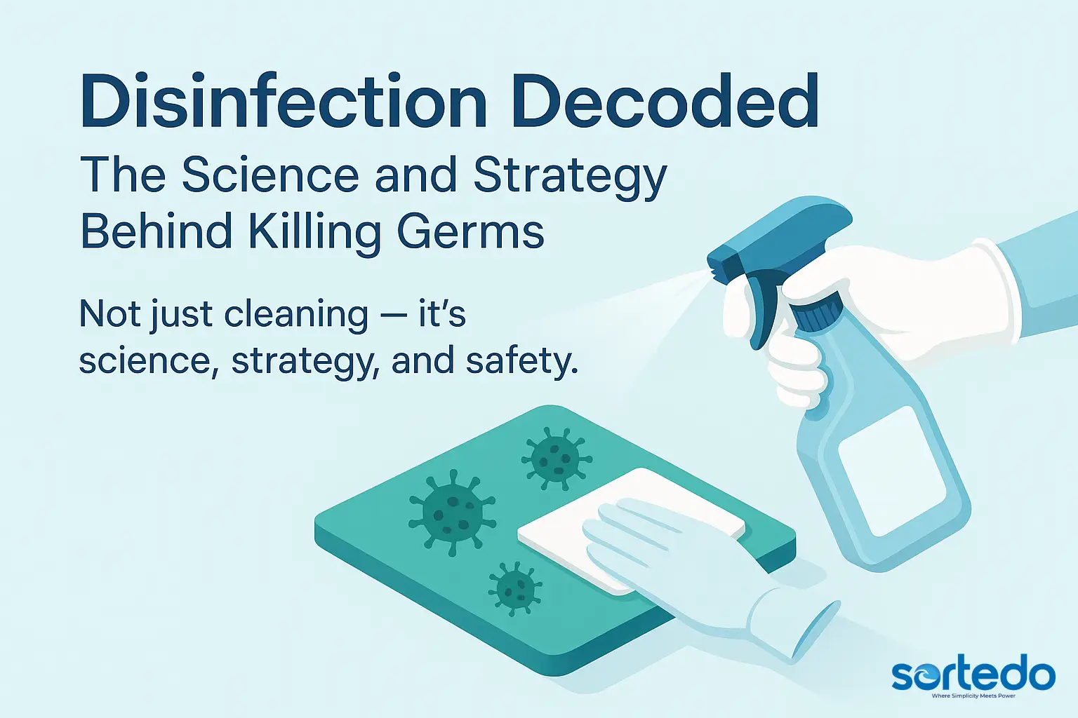 Gloved hand spraying disinfectant on a surface with visible germs, illustrating the science of disinfection and hygiene practices.
