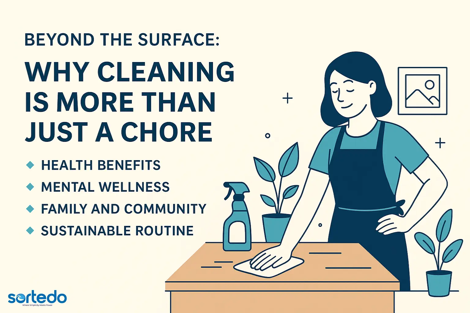 Illustration of a woman happily wiping a table with a cloth, surrounded by indoor plants and cleaning supplies, next to bold text highlighting the deeper benefits of cleaning — including health, mental wellness, community, and sustainable habits.