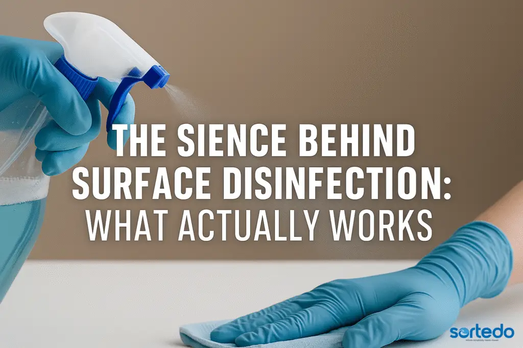 A digital banner showing a clean modern kitchen counter being disinfected with spray, overlaid with the title “The Science Behind Surface Disinfection: What Actually Works” and cronox branding elements of Sortedo