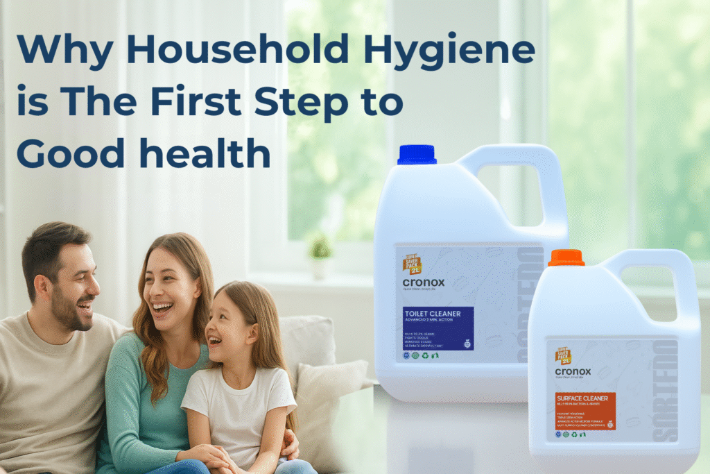 Happy family in a clean home with Cronox products highlighting household hygiene and germ protection