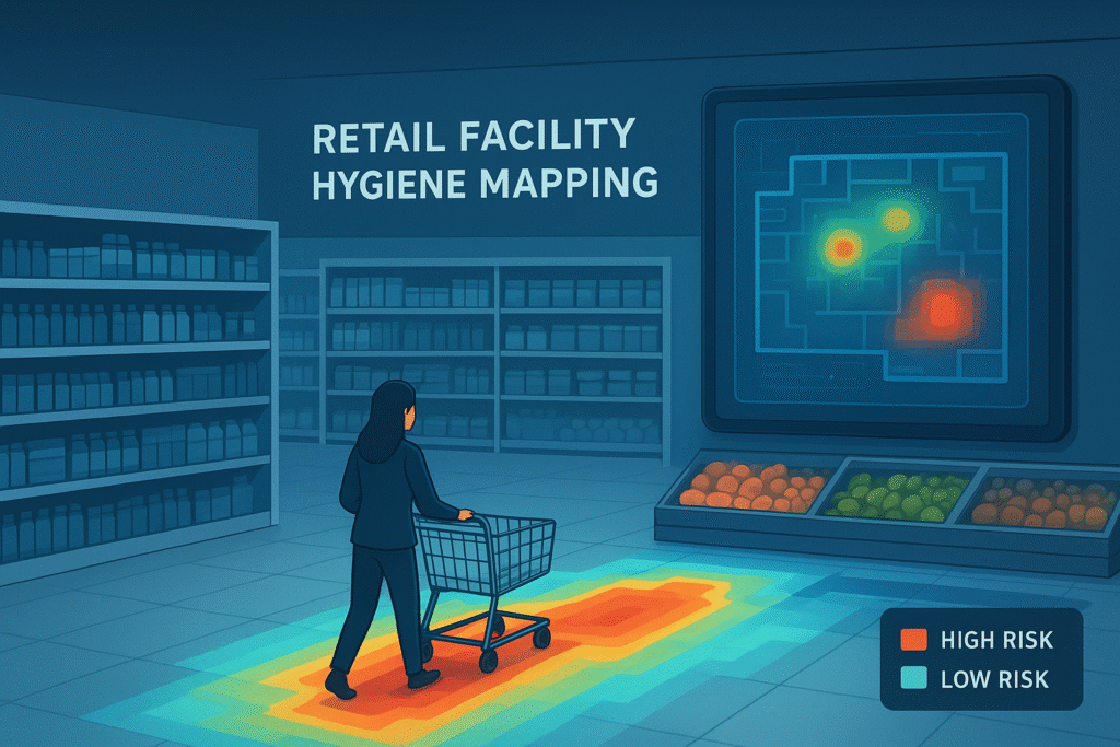 A digital illustration of a supermarket interior with hygiene risk mapping heatmaps on the floor and a large screen, showing high-risk and low-risk zones as a woman with a shopping cart observes.