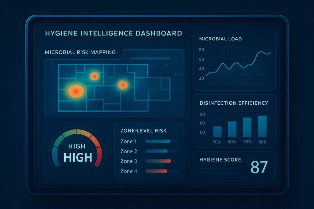 A futuristic digital dashboard displaying hygiene intelligence with microbial risk mapping heatmaps, zone-level risk gauges, disinfection efficiency charts, and a sortedo hygiene score.