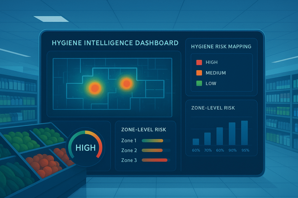 A brightly lit supermarket interior with clean aisles and fresh produce, overlaid with a color-coded hygiene risk heatmap highlighting low-risk zones in blue and high-risk zones in red.